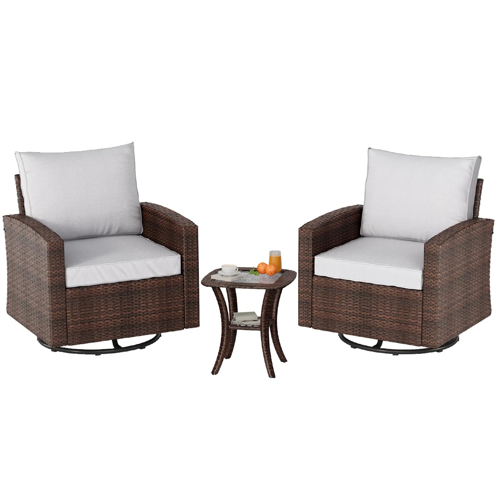 Garvee 3 Piece Patio Furniture Set with Oversized Rattan Chairs, Comfortable Cushions, Durable Aluminum Frame, Side Table, Rocking & Swivel Chairs for