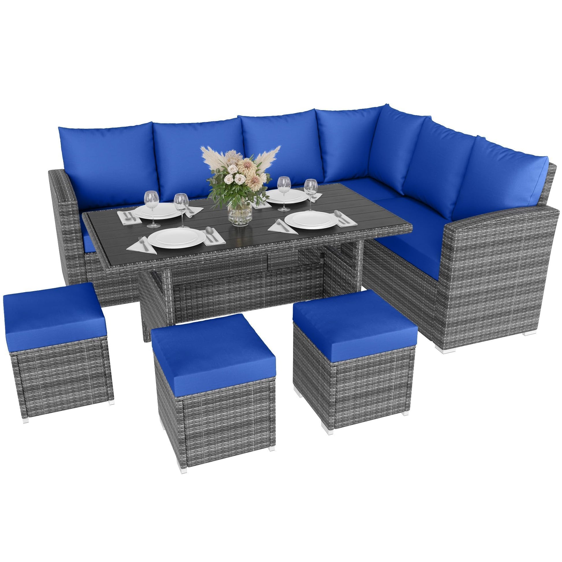 Garvee 7-Piece PE Wicker Patio Furniture Set with Tempered Glass Table, Modular Design, All-Weather Durable Metal Frame, Grey & Blue, Ideal for Poolsi