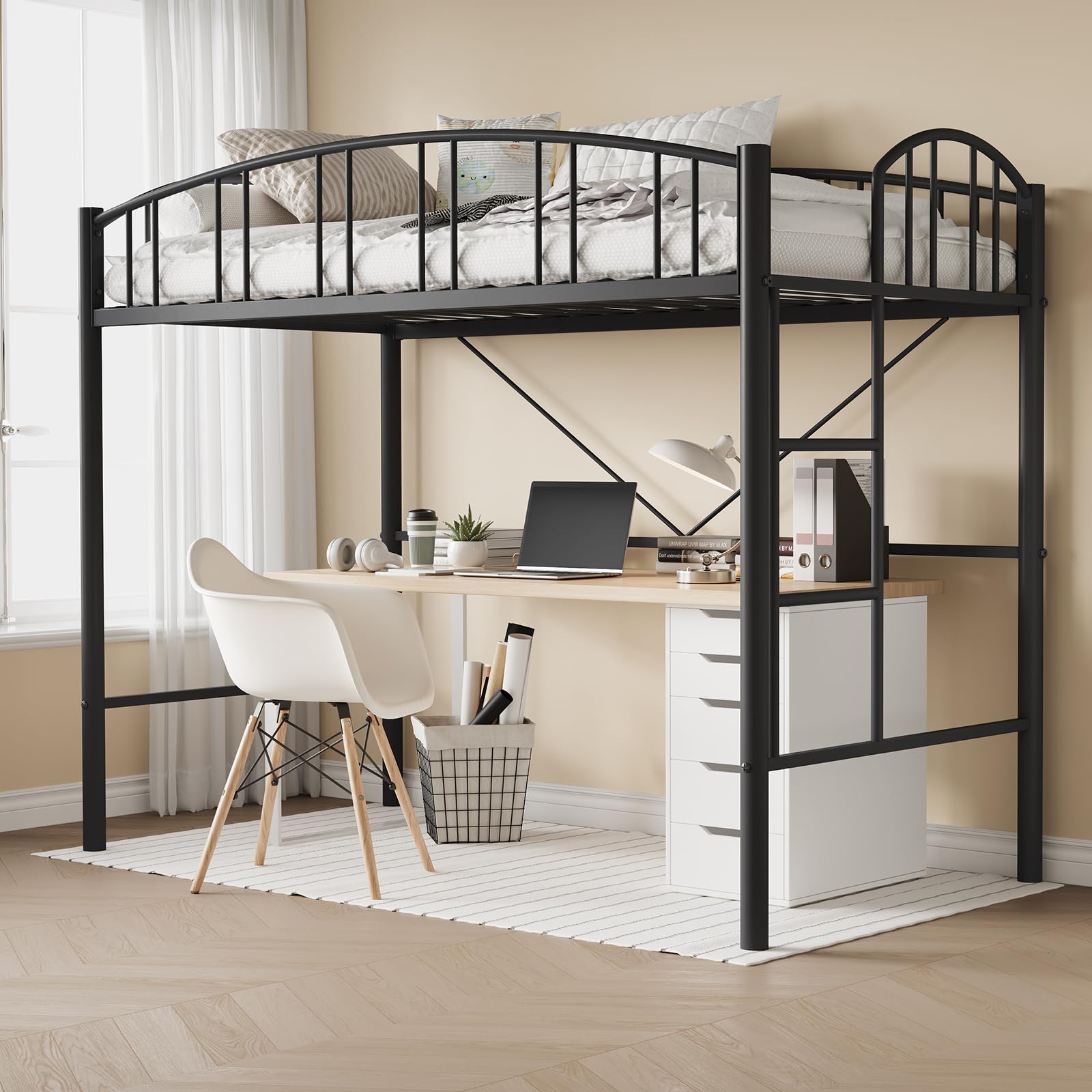 Garvee Loft Bed Twin Size, Heavy Duty Metal Loft Bed Frame with Arched Guardrail and Safety Ladder Space-Saving No Box Spring for Small Rooms, Black