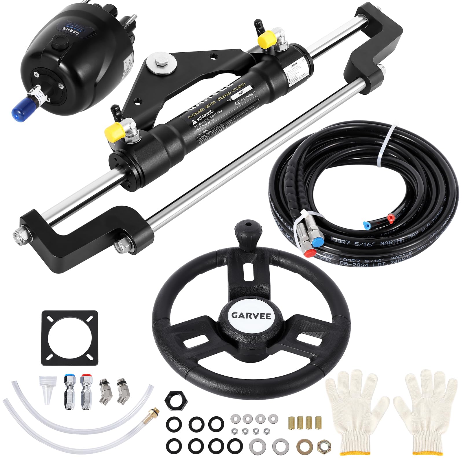 Garvee 300HP Hydraulic Steering Kit for Small-Medium Boats - Precise Control & High Pressure - Corrosion-Resistant Aluminum - Leak-Proof Hoses & Compa