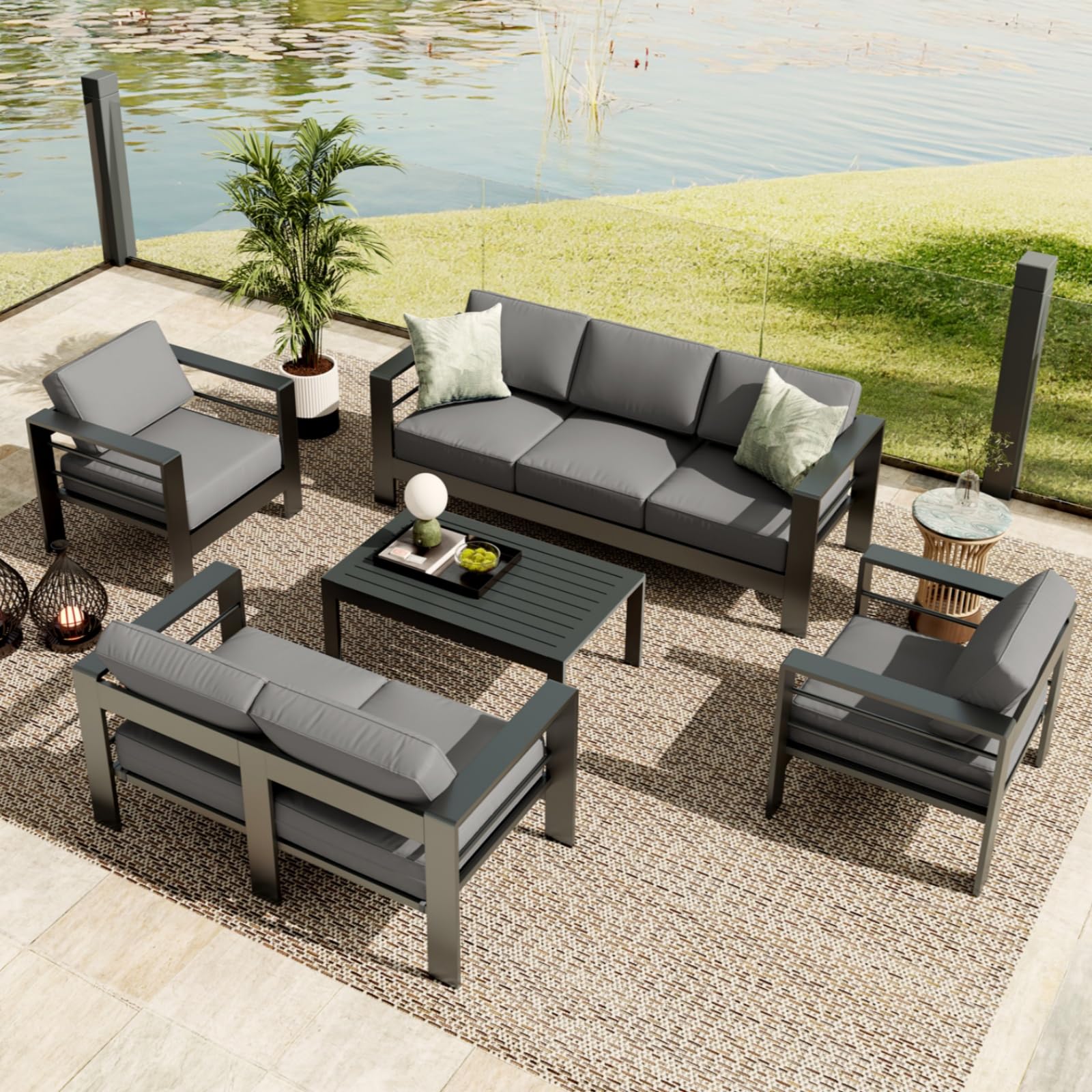 Garvee 5-Piece Dark Gray Aluminum Patio Furniture Set with Weather-Resistant Cushions, Heavy-Duty Frame, Removable Cushions, L-Shaped Sectional, Outdo