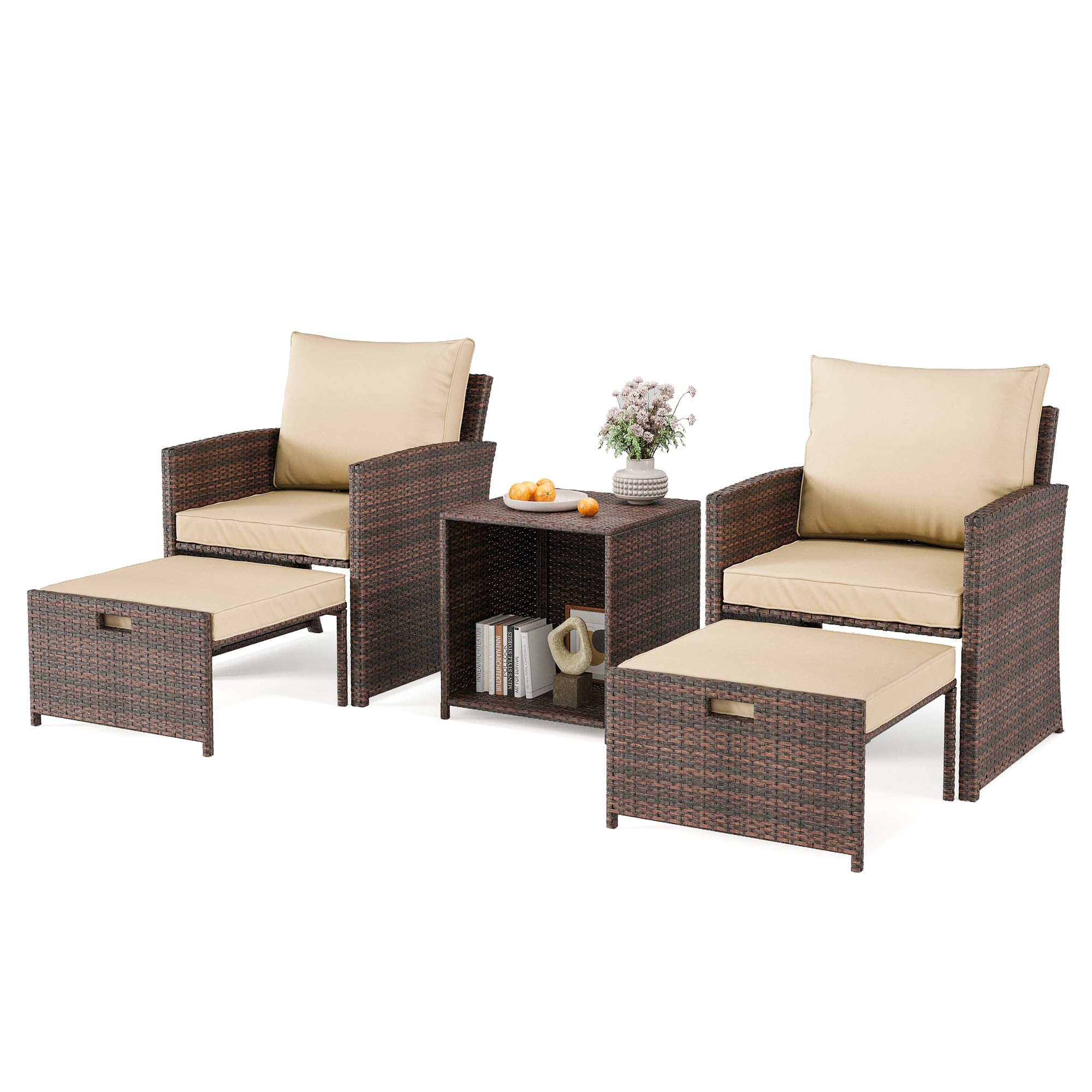 Garvee 5-Piece Patio Furniture Set - PE Wicker Rattan, Soft Cushions, 2 Ottomans, 2-Tier Coffee Table, Rust-Resistant Steel Frame, Brown Gray, Poolsid