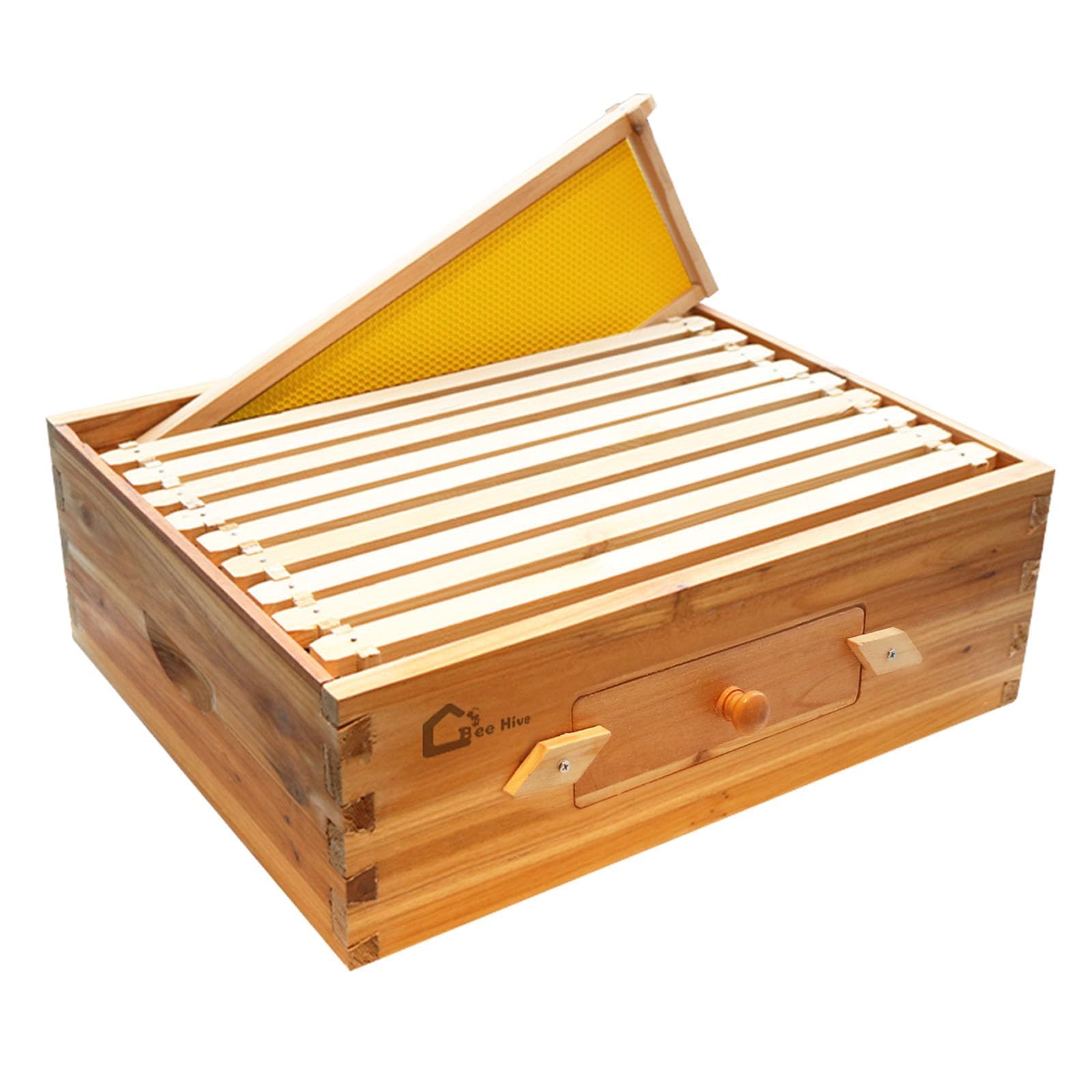 Garvee 10-Frame Medium Super Bee Hive Box Langstroth Compatible Beeswax Coated Cedarwood Transparent Window Ventilated Observation Tool-Free Assembly 
