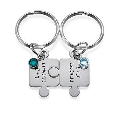 Couple's Puzzle Keychain Set with Birthstones in Sterling Silver