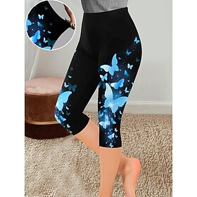 Women's Leggings Capri Pants Print Designer High Rise Capris Transparent Blue Spring, Fall, Winter, Summer