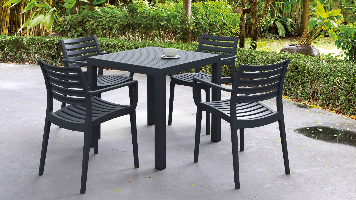 Compamia Artemis Resin Square Dining Set with 4 Arm Chairs: Outdoor Dark Gray