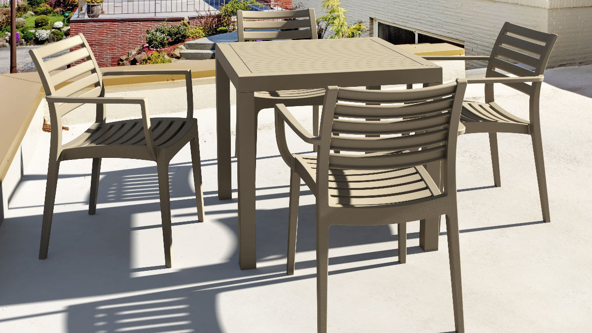 Compamia Artemis Resin Square Dining Set with 4 Arm Chairs: Outdoor Taupe