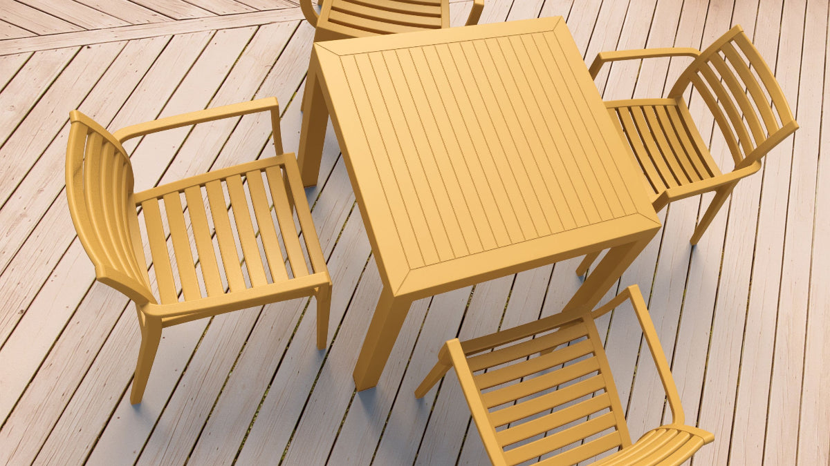 Compamia Artemis Resin Square Dining Set with 4 Arm Chairs: Outdoor Teak