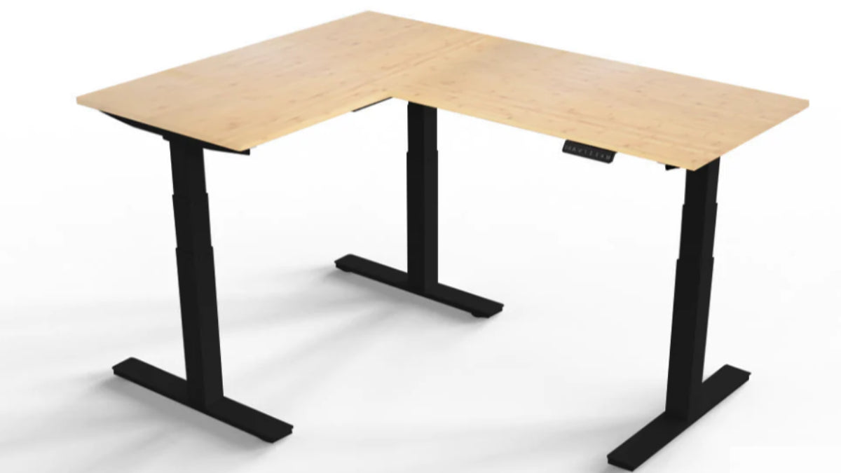 Uncaged Ergonomics L-Shaped Standing Desk Frame + 2pc 48x30" Natural  Bamboo Desktop