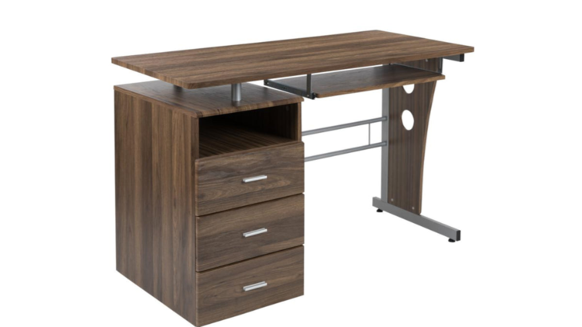 Skyline Decor Three Drawer Pedestal and Pull-Out Keyboard Tray: Desk Rustic Walnut