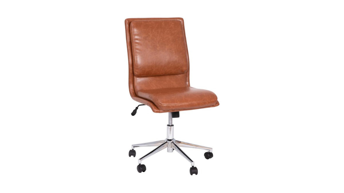 Skyline Decor Armless Swivel Task Office Chair: Adjustable Chrome Base Cognac