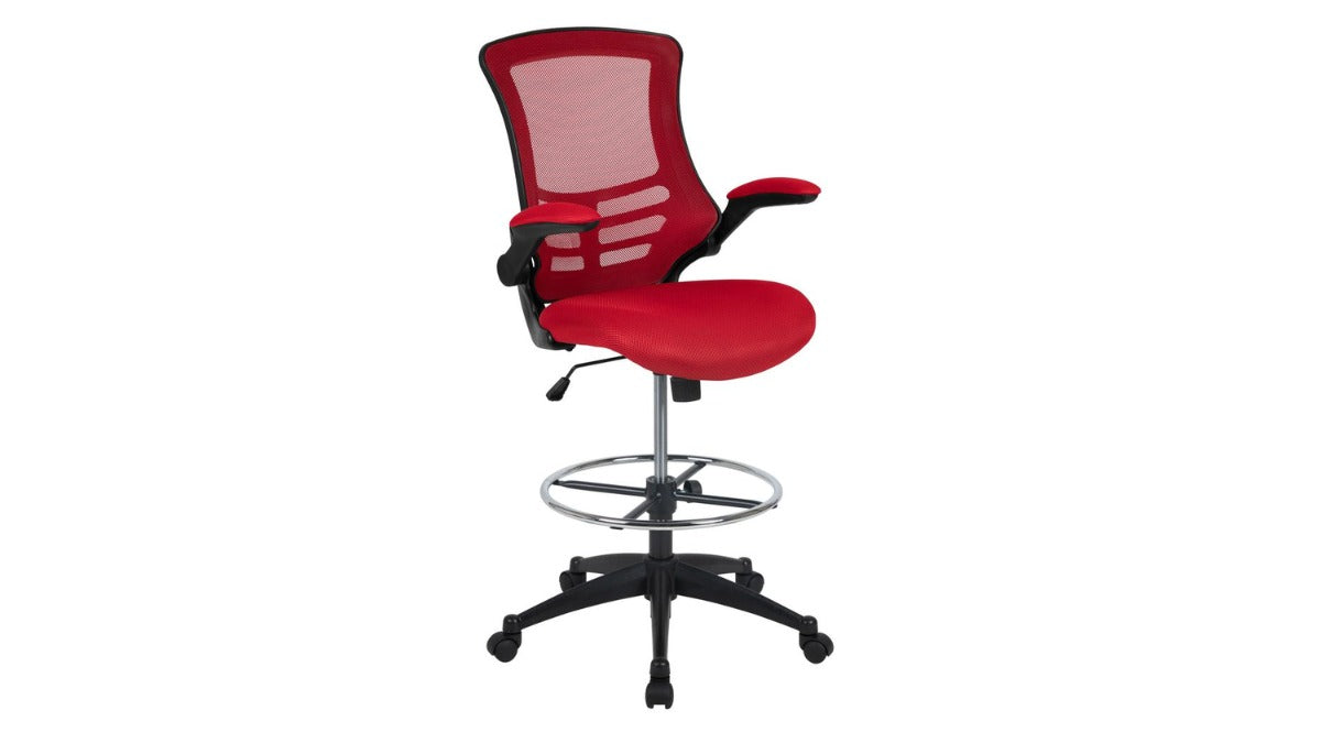 Skyline Decor Drafting Chair: Foot Ring and Flip-Up Arms Red