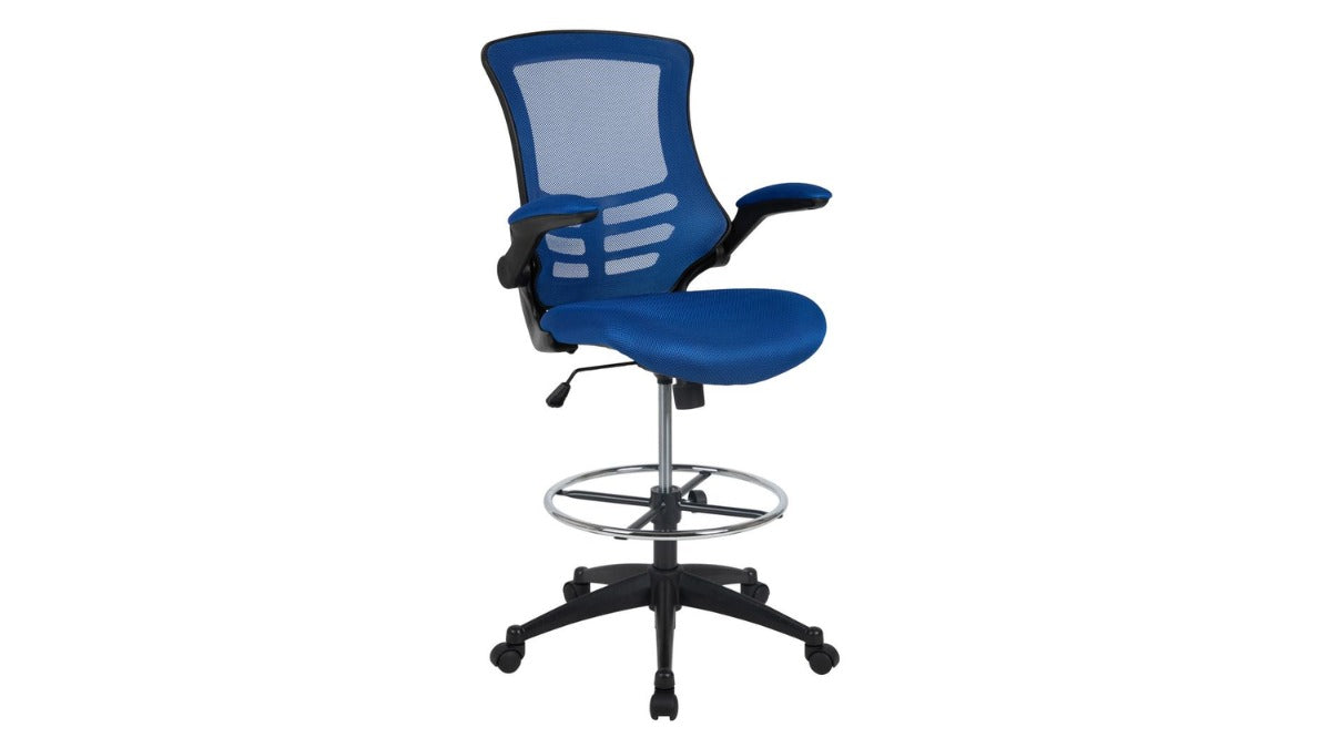 Skyline Decor Drafting Chair: Foot Ring and Flip-Up Arms Blue