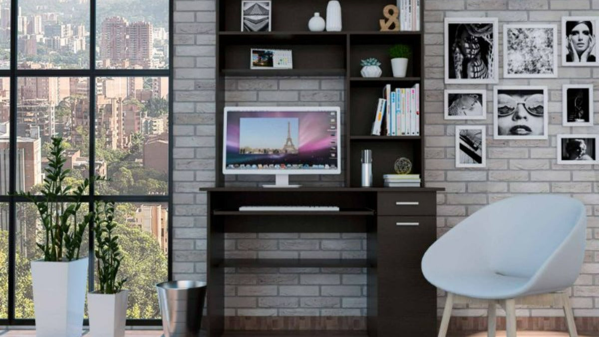 FM FURNITURE Weston  Two Computer Desk with Hutch Black Wengue