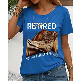 Women's T shirt Tee 100% Cotton RETIRED Cat Letter Daily Funny Short Sleeve Crew Neck Blue Summer