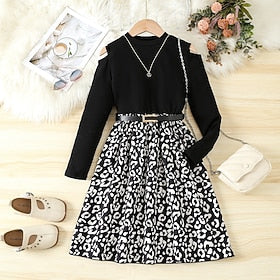 Infantil Para Meninas Vestido Floral Desenho Animado Manga Longa Escola Casual Moda Diário Poliéster Vestido preto Vestido floral Outono 7-13 anos Preto