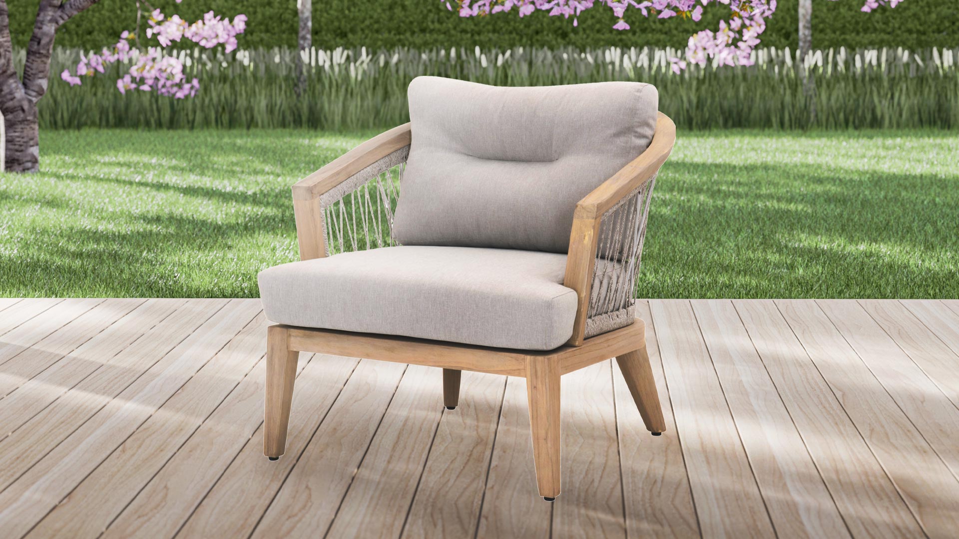 Benzara Curved Rope Woven Outdoor Wooden Frame Club Chair