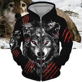 Men's Full Zip Hoodie Jacket Black Yellow Red Dark Gray Hooded Animal Wolf Graphic Prints Zipper Print Sports  Outdoor Daily Sports 3D Print Streetwear Designe