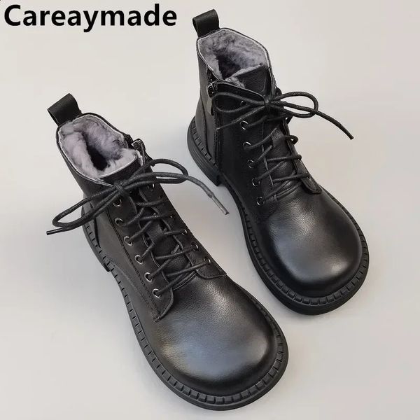 CAREAYMADE100% Couro genuíno Versão larga mulher casual Tamanhos grandes bootsmens de botas de mão única pura de botas de lã quente 241223
