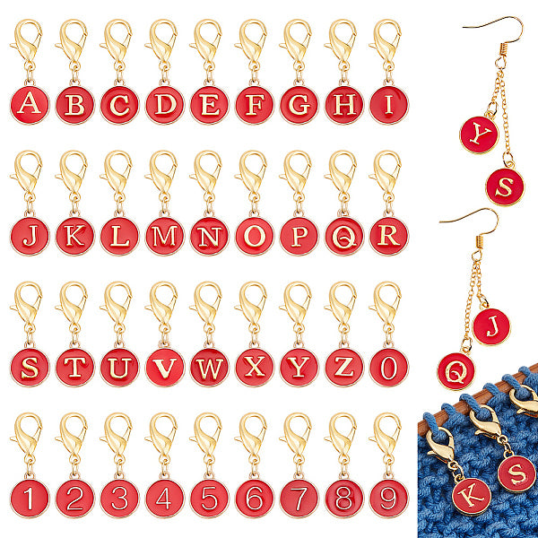 36Pcs 36 Style Letter A-Z & Number 0-9 Flat Round Alloy Enamel Pendant Stitch Markers