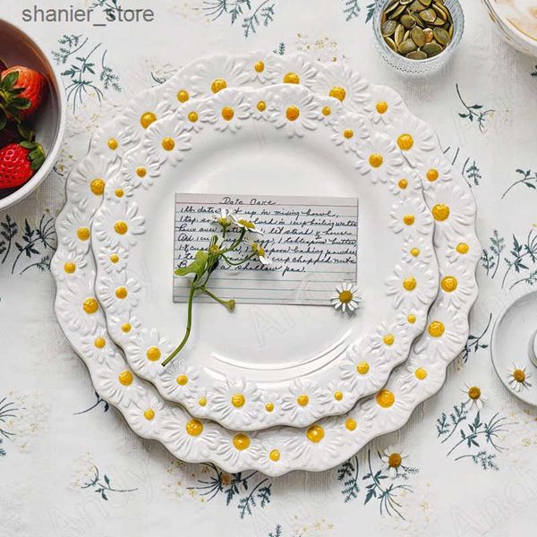Dishes Plates European Ceramic Plate Relief daisy decoration desktop fruit salad plate afternoon tea dessert organizer kitchen utensil set L