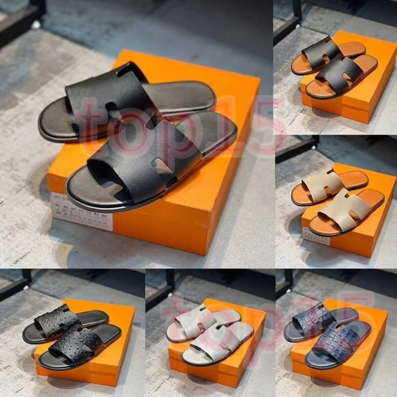 Men Slippers Designer Leather Sandals Flip Flop Men Slippers Lazy Large Beach Sandals Calfskin Slides Summer Flat Scuffs Sandal Leisure slippers