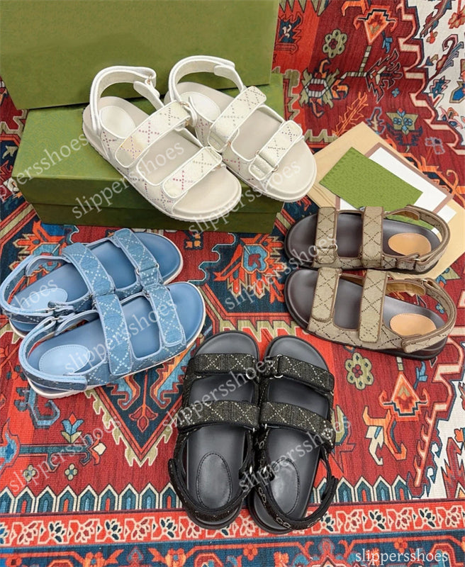 Designer Crystal Sandals With Two Strap Women Platform Slides Denim Slippers Double Beach Summer Luxury Mules Leather Thick soled shoes Waterproof