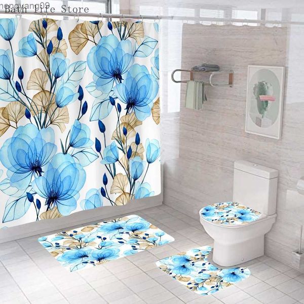 Shower Curtains Purple Floral Shower Curtain Set Ink Painting Flower Bathroom Curtain Modern Bath Toilet Cover Mat Non-Slip Washroom Rug Set
