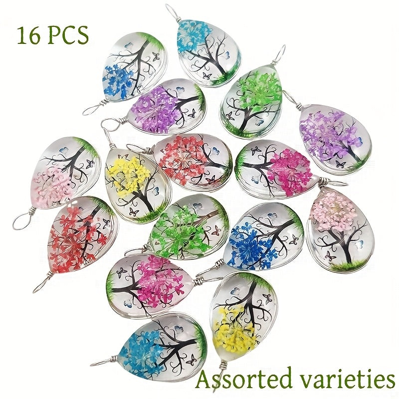 TEMU 16pcs Tree Of Life Pendants, Artificial Crystal Hand Drop Charms With Real Dry Flowers, Making Accessories For Necklaces And Bracelets