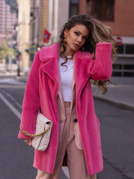 Faux Fur Coat For WomenV Fluffy JacketV Mid Long Plush CoatV Elegant OvercoatV Rose RedV CasualV New In OuterwearV Autumn Winter