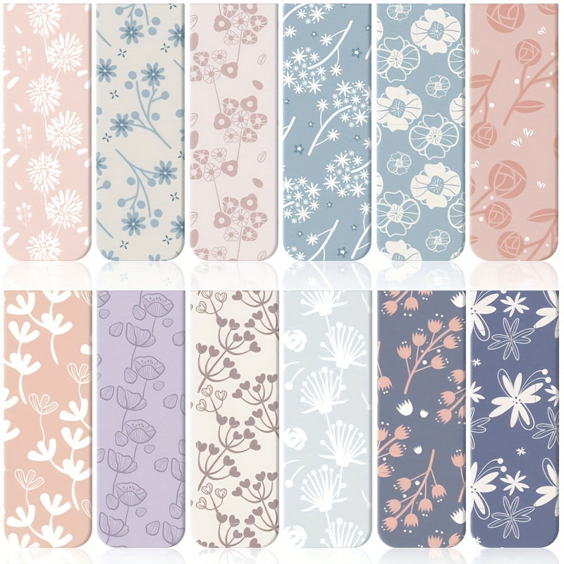 TEMU 12pcs Floral Magnetic Bookmarks - Assorted Designs With Delicate Flowers & Green Leaves, Durable Paper Page Markers For Books & Planners, Ideal