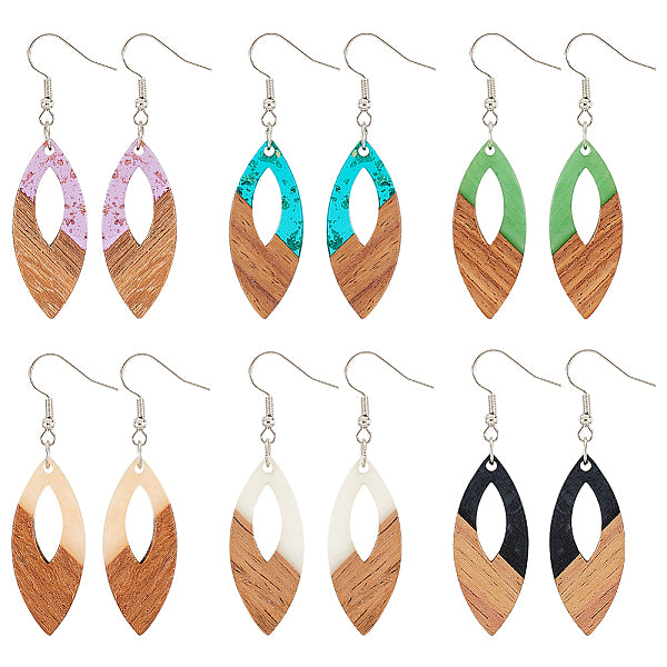 6 paire de boucles d'oreilles pendantes en résine et bois de 6 couleurs avec épingles en fer