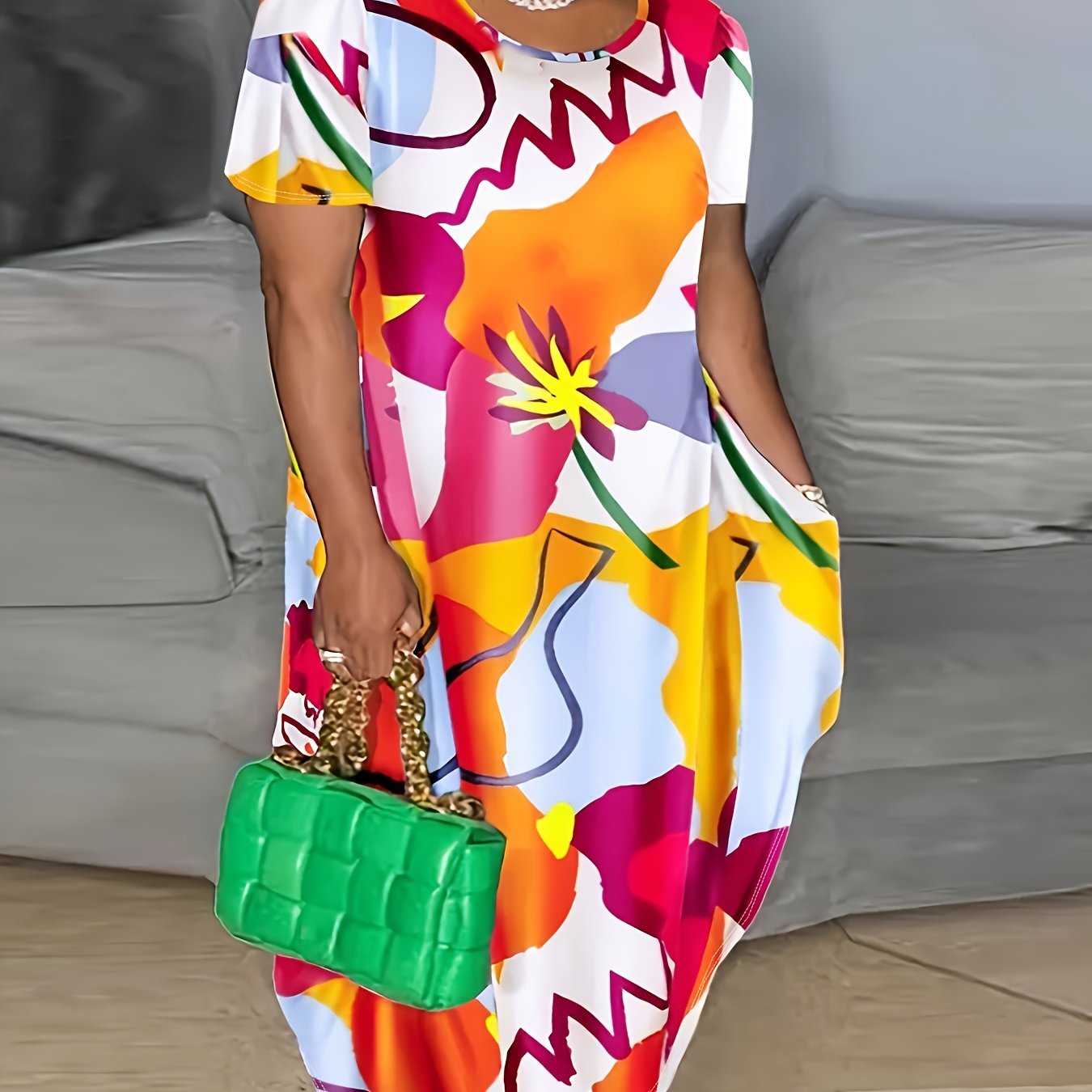 TEMU Plus Size Women's Casual Floral Print Summer Dress - Short Sleeve Round Neck Stretchy Machine-washable Fitted Midi Dress For Casual Attire, Cute