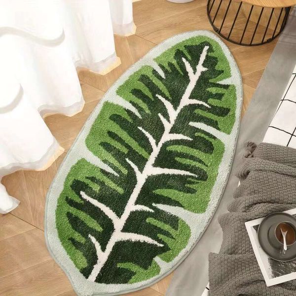 Green Leaf Single Needle Tufted Decorative Mat, Anti Slip Bathroom or Mat Bedroom Bedside Absorbent Carpet R250206 R250206