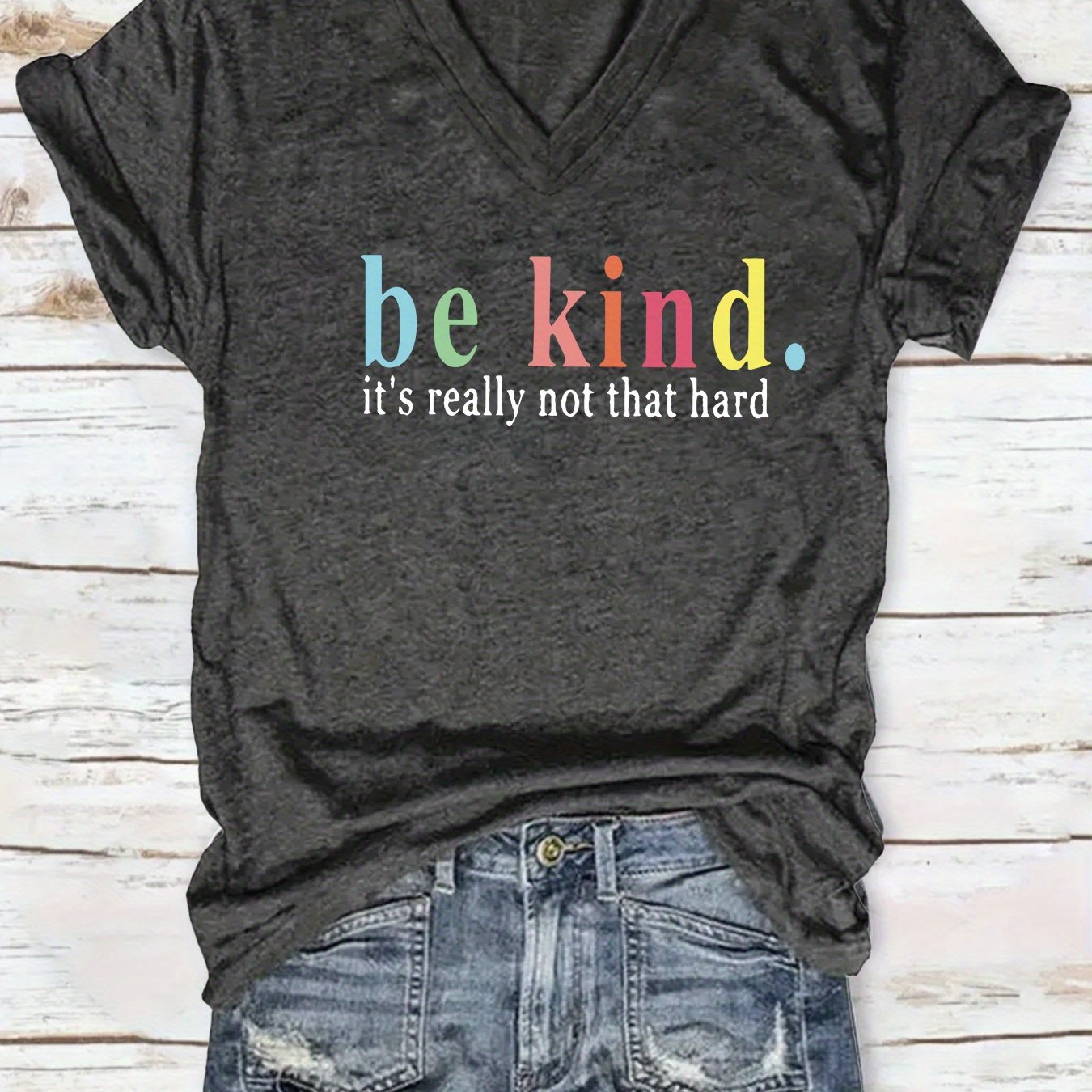 TEMU "be Kind. Really Not That Hard" Printed V-neck T-shirt, Casual Short-sleeve Spring- Summer Top, Women's Clothing, Suitable For Gifting On