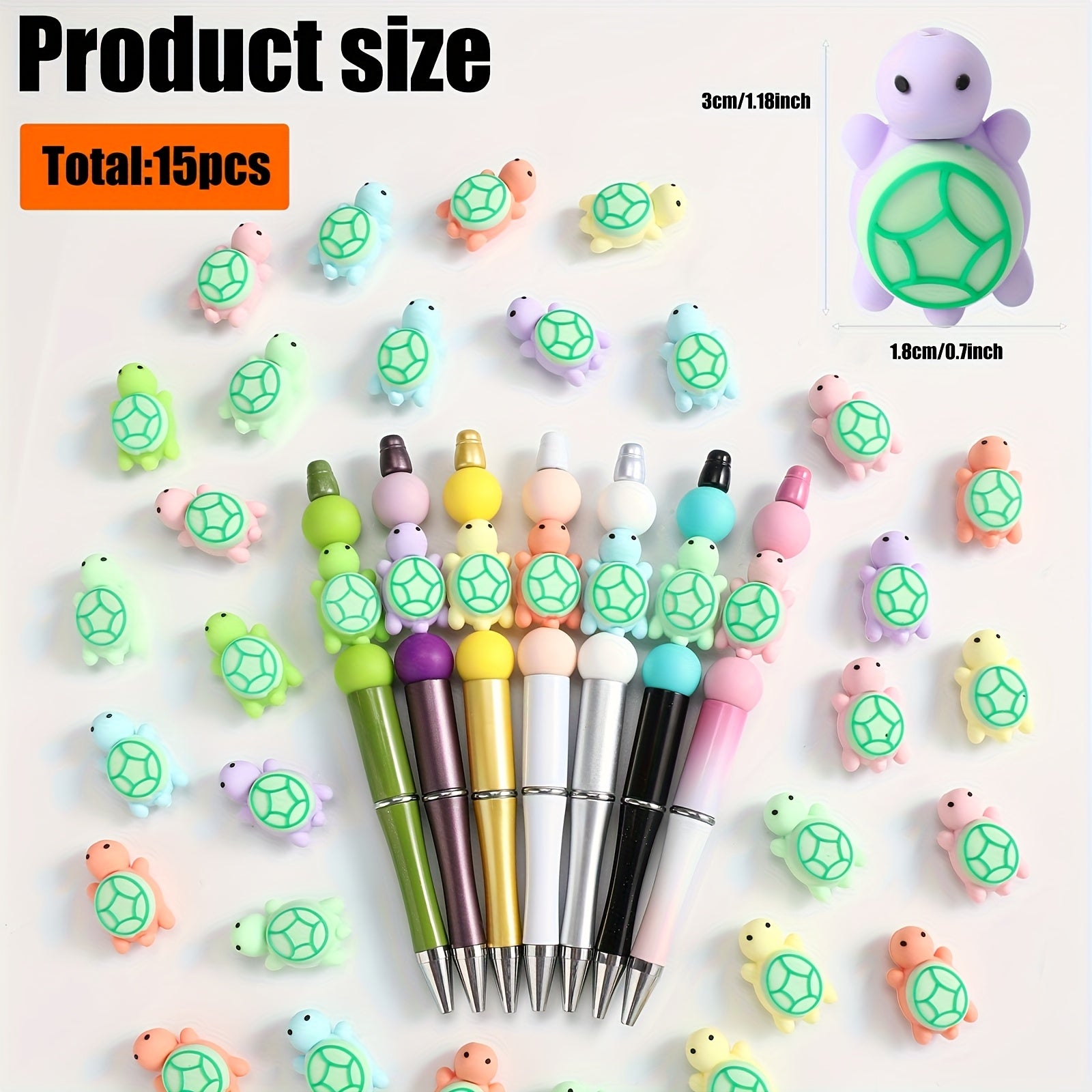TEMU 15pcs 3d Turtle Silicone Beads For Making - Vibrant Multicolor Handmade Craft Beads With Intricate Shell Patterns, Necklaces, Keychains, Pen