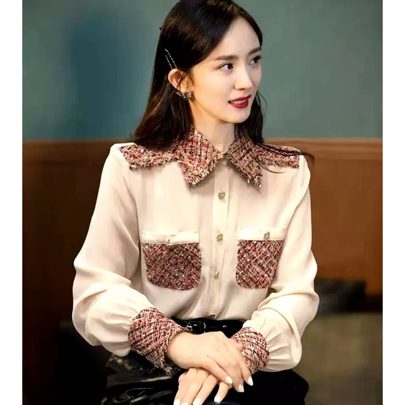 Women&#039;s Blouses & Shirts Runway Designer Spring Office Ladies Elegant Women Chiffon Patchwork Tweed Diamonds Beading Button Shirt TopsWomen&#03