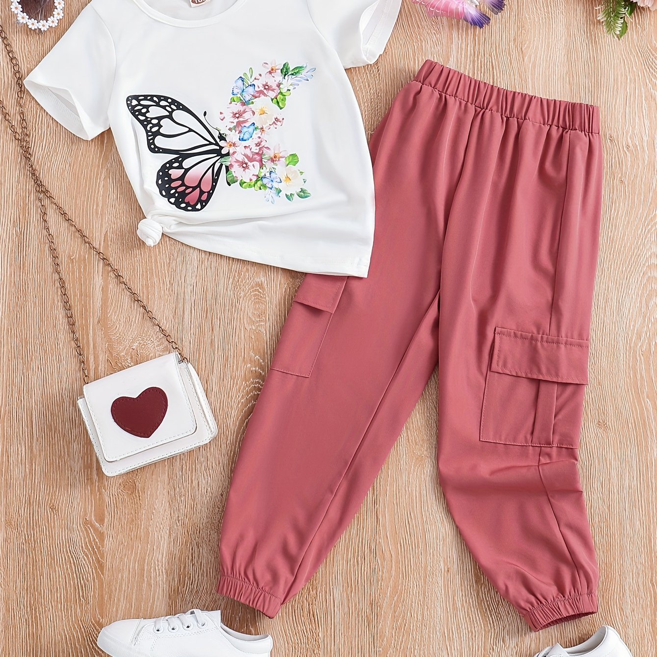 TEMU 2pcs, Flower Graphic Short Sleeve T-shirt + Cargo Pants Set For Girls Summer Gift Outdoor
