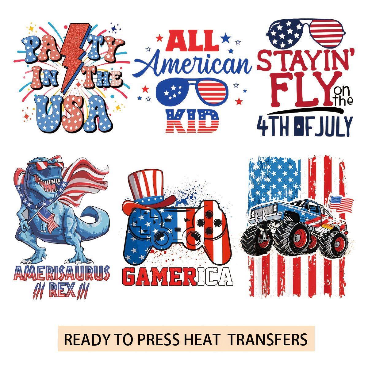 TEMU 6pcs Off Road Vehicle And Gamepad And Dinosaur Heat Transfer Printing - Direct Transfer Printing Dtf Suitable For T-shirt, Bag, And Fabric