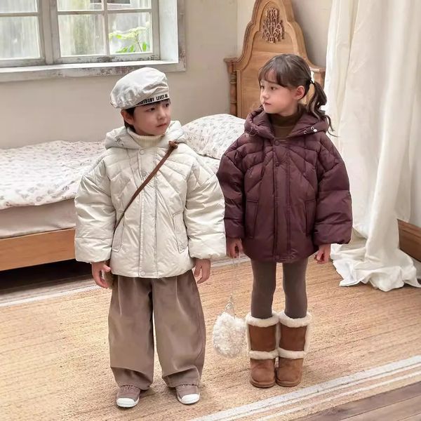 Winter Korean Children Girls Down Jacket Solid Hooded White Duck Down Warm Coat For 3-8 Years Girls Kids Girls Outerwears 241218