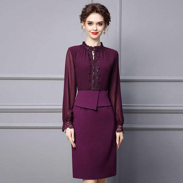 Formal Occasion Dress 2024 Autumn New Item Black Fungus Edge Stand Collar Purple Long Sleeved Slim Fit Hip Hugging Skirt Short Pregnant Wome