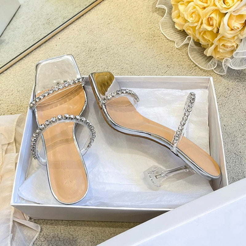 2024 Rhinestone High Heels Stiletto Slipper For Women Summer Wear Fairy Wind Crystal Wine Glasses Clear Slides Sandals