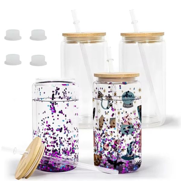 16oz Sublimation Snow Globe Glass Cups With Double Wall Juice Jar Beer Can Mugs Blanks DIY Snowglobe Tumbler With Bamboo Lids And LL