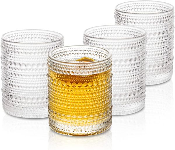 SZHOME Drinking Glasses Art Deco Vintage Glassware Tall Crystal Tumblers Clear Embossed Glass Cups Romantic Iced Beverage Glass for Beer Coc
