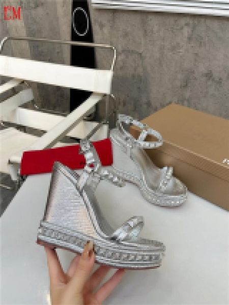 Luxury designer Chris Loubo Womens Sandals Platform Studded Metallic Silver Wedge Sole Red soled shoes Heel 6CM 12CM With Box