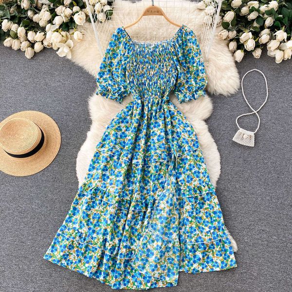 Korean Version of Chic Style Fairy Sweet Slim Fit Square Neck Bubble Sleeve Floral Dress Super Immortal Temperament A-line Skirt Pregnant Wo
