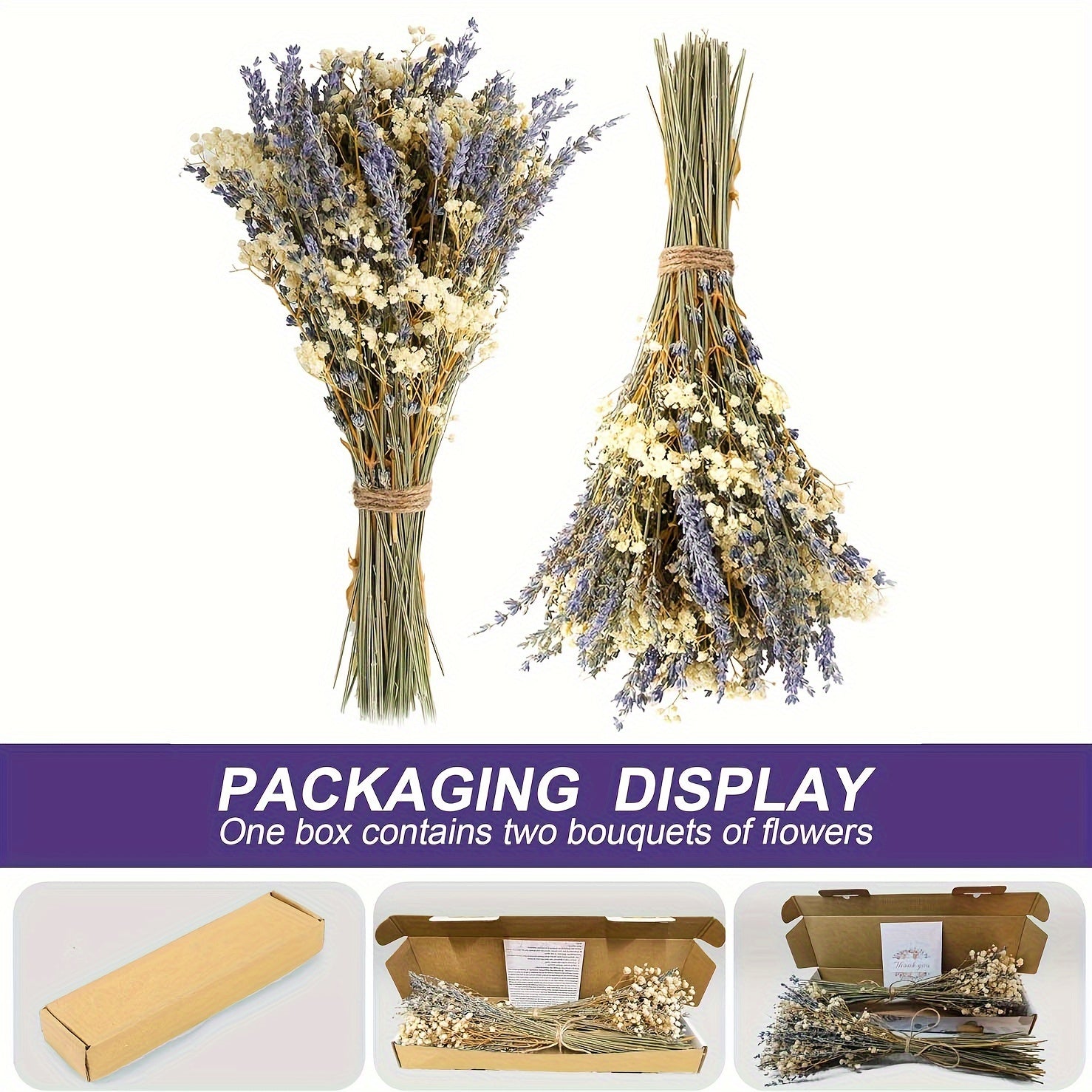 TEMU 2 Dried Lavender & Baby's Breath Flowers Bundles, Dried Flower Bouquet For Vase, Gypsophila, Valentines Day Decor Gifts, Home, Wedding,