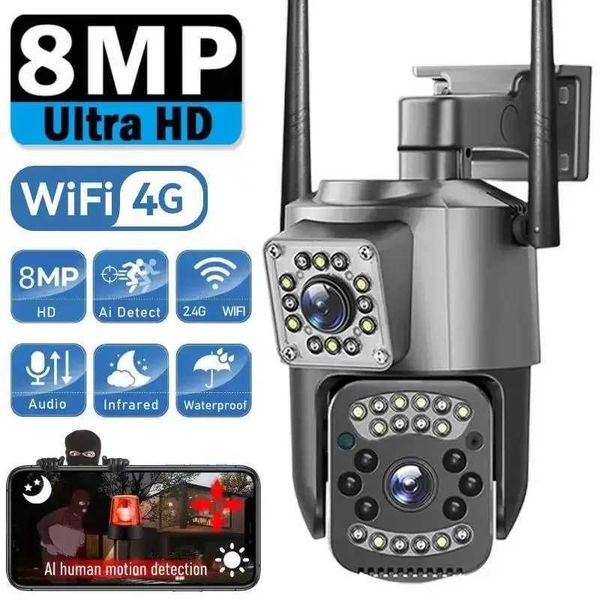 8MP WIFI IP Camera Dual Lens PTZ 4G SIM Card Two-way Au Night Color 10X Zo Smart He CCTV Security Protection Monitor Cam Z241231