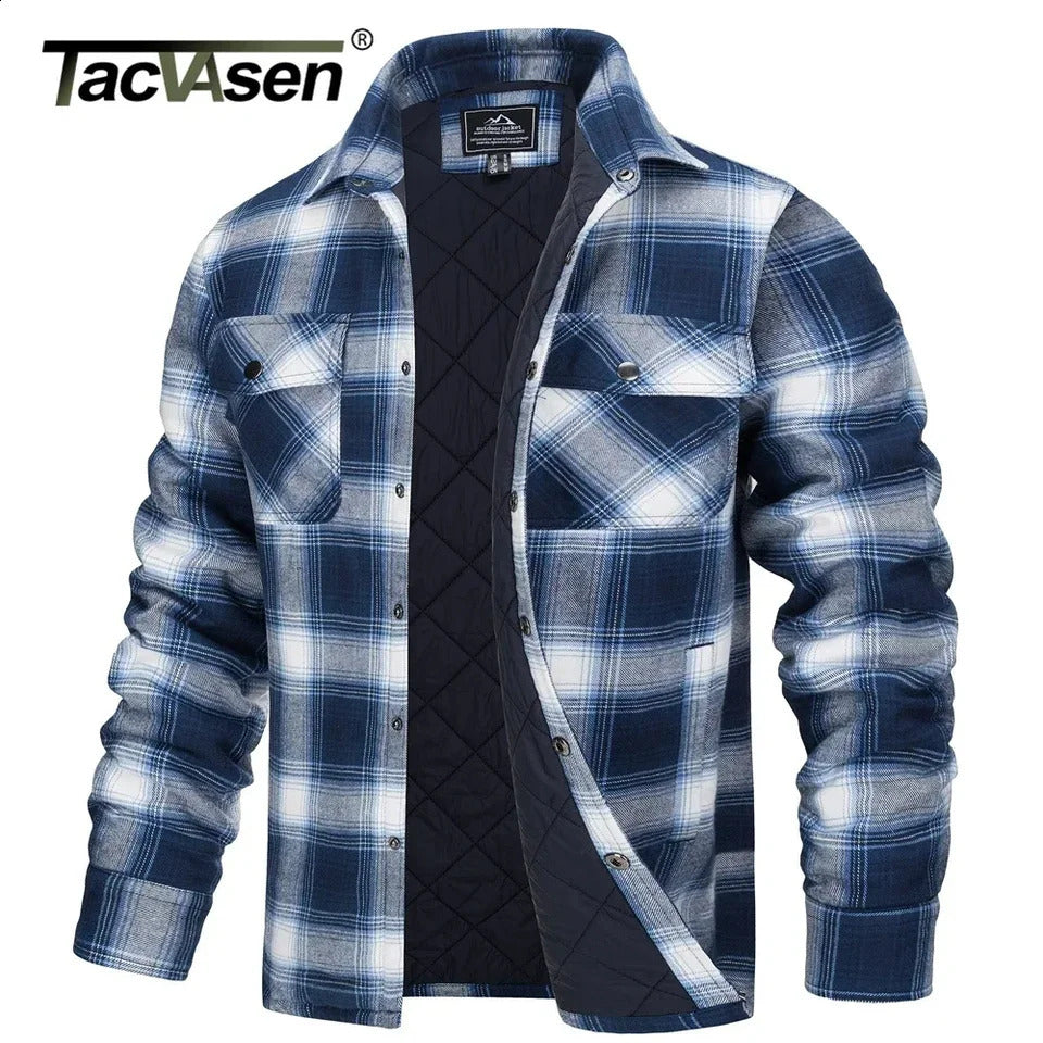 TACVASEN Winter Plaid Cotton Jackets Mens Long Sleeve Quilted Lined Flannel Shirt Jacket Multi-Pockets Outwear Hiking Coats Tops 240829