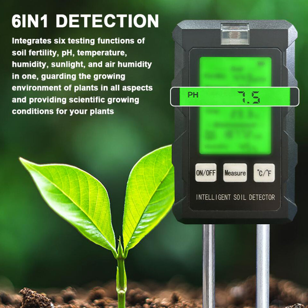 6 in 1 Multifunctional Soil Tester pH Temperature Humidity Sunlight Air Moisture Nutrient Fertility Meter Gardening Tool